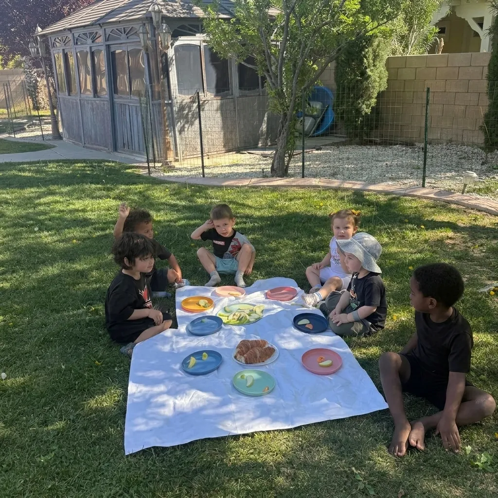 Children Enjoying Outdoor Picnic Lunch Together at Fairy Tale Child Care Palmdale